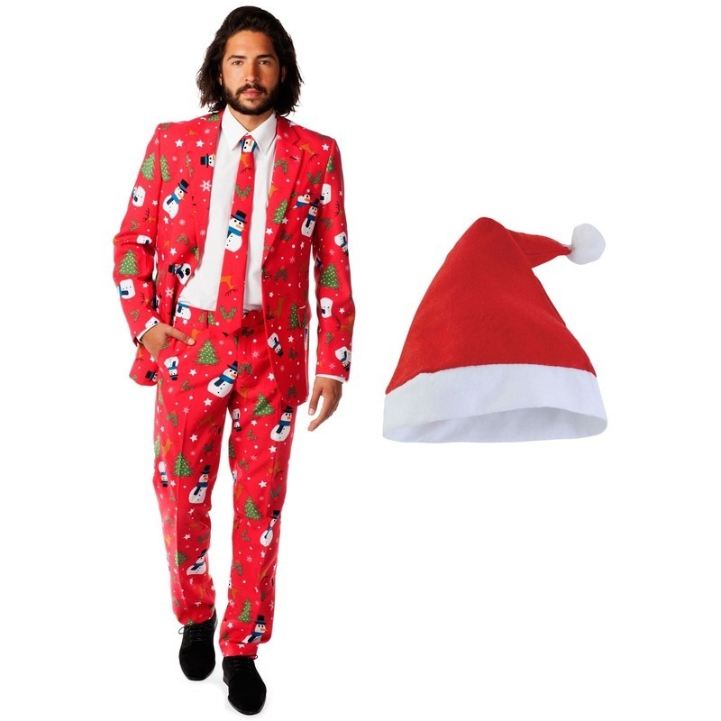 Heren Opposuits Kerst kostuum rood met kerstmuts - maat 54 (2XL) Top Merken Winkel
